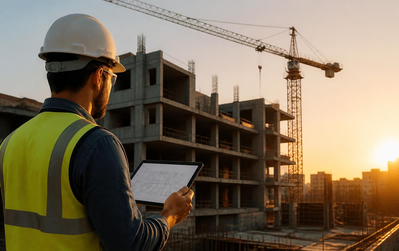 Engenheiro com tablet acompanhando a execução de um edifício em construção